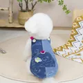 Detail of color-block denim pet vest with bear print, wooden buttons and pink webbing strap - S / Blue