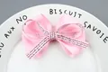 Close-up of pink layered grosgrain ribbon bow with elegant script ribbon detailing - Pink