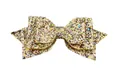 Close-up of a 5-inch glitter bow with colorful sequins and swallowtail edges for hair accessories - Gold