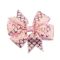 Close-up of pink grosgrain ribbon bow with golden fish scale pattern for hair accessories - Pink