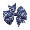 Close-up of navy blue grosgrain ribbon bow with silver fish scale print for hair accessories - Navy Blue