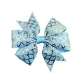 Light blue grosgrain ribbon bow hair clip with gold mermaid fish scale pattern - Blue