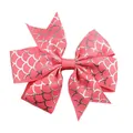 Pink grosgrain ribbon hair bow with silver mermaid fish scale pattern for kids - Watermelon red
