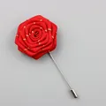 Classic rose flower lapel pin with red ribbon and gold glitter detail on silver long needle - Red
