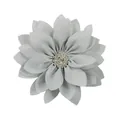 Detailed view of grey ruffled fabric flower hair clip with sparkling rhinestone center - Gray