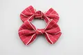 Pair of red plaid ribbon bows with textured webbing and classic preppy style pattern - Red