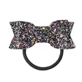 Détail d'un élastique pour fille avec paillettes noires et un grand nœud brillant - Noir