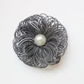 Handmade woven fabric flower with pearl center in silver-grey for DIY fashion accessories - Dark Gray