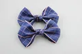 Navy blue and pink plaid ribbon bow hair accessory with decorative stitching 2pcs - Navy Blue