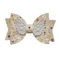 Sparkly glitter bow hair clip with white angel wings and colorful sequins for girls - Beige
