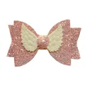 Glittery pink bow hair clip featuring white angel wings for girls and toddlers - Snow Bud