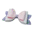 Close-up of DIY glitter hair bow with pink, white, and purple layered sequins - Pink White Purple Style