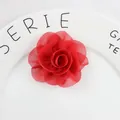 Handmade red chiffon rose fabric flower with multi-layer 3D petals on a white ceramic plate - 11-Red