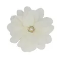 Detailed view of a white chiffon flower hair clip with pearl and rhinestone center decoration - Beige
