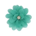 Detail of teal chiffon flower hair clip with sparkling rhinestones and white pearl center - Green