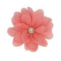 Elegant coral pink chiffon flower clip with center pearl and rhinestone details - Watermelon red