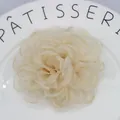 Detailed macro view of champagne organza flower hair clip on a white ceramic plate - Beige