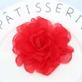 Elegant red organza flower hair clip handcrafted with tiered peony fabric petals - Red