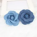 Detailed macro view of handmade denim fabric camellia and rose flower accessories - Dark Blue (7.5cm)