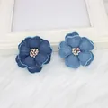 Detailed view of handmade denim fabric flowers in dark and light blue with beaded centers - Dark Blue with Center (5cm)