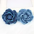 Detail of two handmade denim camellia flower brooches with frayed edges in blue tones - Dark Blue (6.5cm)