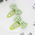 Pair of girls' green gingham bow hair clips with comfortable metal alligator base - Green