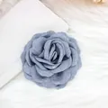 Close-up of a 9cm dusty blue denim fabric rose hair clip with detailed layered petals - Large Brooch Hair Clip Dual Purpose / Blue Gray