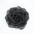 Elegant black silk camellia brooch in organza and chiffon fabric with layered petals - Flat Pad / Black