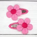 Pair of pink sunflower hair clips with fabric petals and ribbon-wrapped metal BB clips - Rose Red