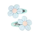 Cute pair of light blue corduroy flower hair clips with pink centers for young girls - Blue