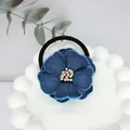 Blue denim camellia hair tie with white polka dots and colorful bead core detail - Flower Core Style / 5cm / Dark Blue Denim