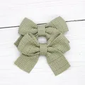 Pair of bow hair clips for girls in green and beige plaid woven fabric finish - Bean Green