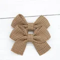 Pair of cute girls' brown checkered bow hair clips with soft woven fabric texture - Khaki