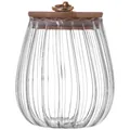 Bocal en verre rayé vintage japonais avec couvercle en bois et anneau en métal - Couvercle en Bambou Rond