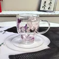 Close-up of double-walled glass cup with purple and pink dried hydrangea flower petals - A-1335 / 350ml
