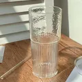 Large heat-resistant glass cup with hammer texture, vertical stripes and clear straw - Basic Single Cup / Clear