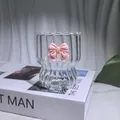 Pink bow ripple glass cup, heat-resistant borosilicate coffee mug with vertical stripes - 350ml / Pink Bowknot