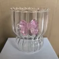 Striped glass mug with a pink glitter bow and elegant scalloped rim for girls - Striped Ripple Style / Pink Plaid Bow