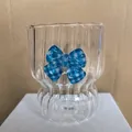 Vertical stripe glass mug with blue checkered bowknot and elegant wavy rim for girls - Striped Ripple Style / Blue Plaid Bow