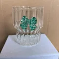 Vintage style ribbed glass mug with a green checkered resin bow decoration - Striped Ripple Style / Green Plaid Bow Tie