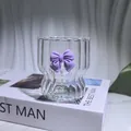 Pink ribbon borosilicate glass coffee cup with ribbed vertical stripes and wavy rim - 350ml / Purple Bowknot