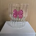 Pink checkered bow glass cup with vertical stripe texture and wave rim design - Striped Ripple Style / Dark Pink Bow
