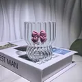 Pink ribbon bow glass cup with vertical stripes and heat resistant borosilicate glass - 350ml / Dark Pink Bowknot