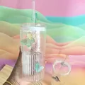 Creative butterfly glass tumbler with straw, featuring dual-texture and 3D gradient wings - 550ml / Gradient Green Butterfly
