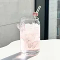 Blikvormig glas met roze vlinderdecor en bijpassend rietje met strik voor drankjes - 580ml / Vlinder Blikbeker En Rietje