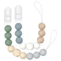 Close-up of Morandi silicone pacifier clips with geometric beads and secure plastic fasteners - Style 2