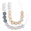 Two-pack of silicone pacifier clips with gradient blue and beige beaded safety lanyards - Style 4