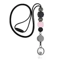 Retractable beaded silicone lanyard with leopard print beads and metal swivel hook - Style 3 (With Dark Gray Retractable Buckle)