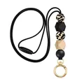 Retractable silicone beaded lanyard with leopard print and wood beads on black cord - Style 5 [with Gold Alloy Spring Buckle]