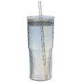 Iridescent γυάλινο ποτήρι 20oz με υφή μπαμπού, γυάλινο καπάκι και καλαμάκι - 550ml / Πολύχρωμο